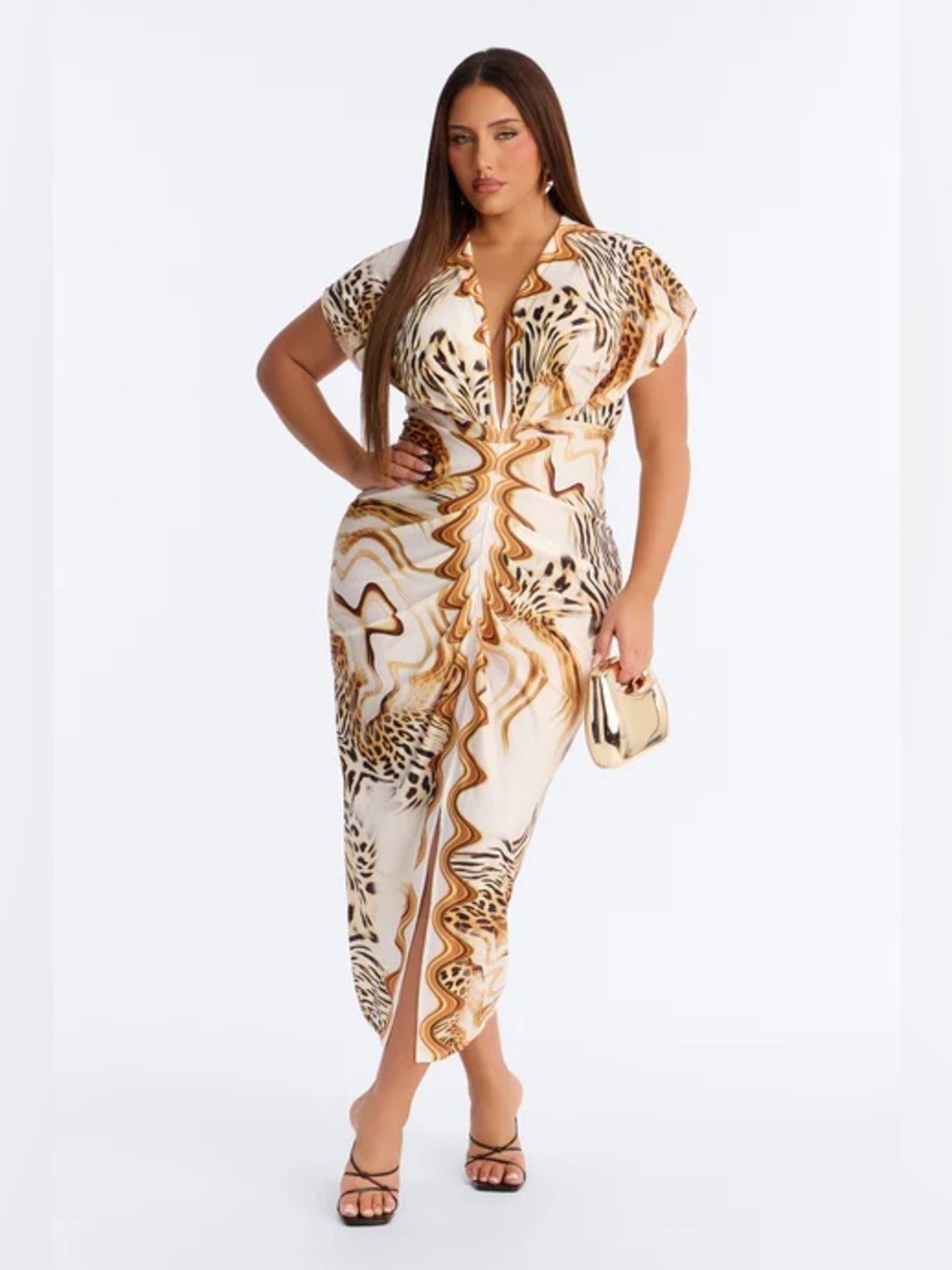 Fashion Nova Cream and Gold Print Midi Dress